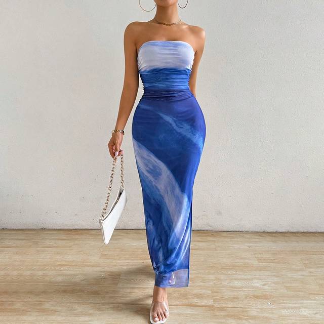 INAWLY Women&#39;s Gradient Bandeau Bodycon Dress With Slit Hem For Summer