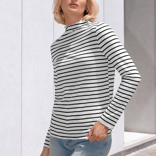 SHEIN Women&#39;s Casual Black And White Striped High Neck Embroidered T-Shirt