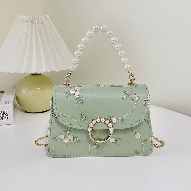 SHEIN Mini Lace Embroidery Handbag For Women Elegant Chain Crossbody Bag Hanfu Clutch Purse With Faux Pearl Handle Argyle Princess Faux Pearl & Rhinestone P