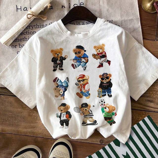 Attitoon Casual Slim Fit Women Short Sleeve T-Shirt With Cute 9 Bears Graphic, White Crew Neck, Suitable For Summer, Cotton Blended
