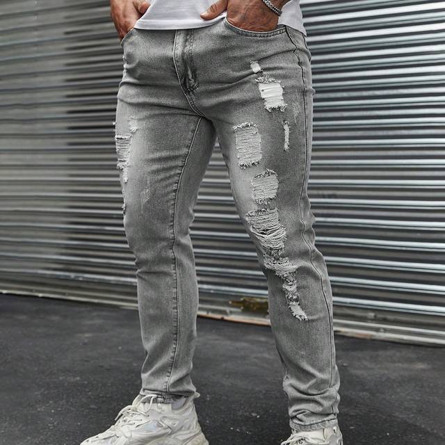 SHEIN Men&#39;s Distressed Jeans With Pocket Holes Slim Fit Long Ripped Frayed Jean Cargo Plain Light Grey Going Out Grunge Rapper