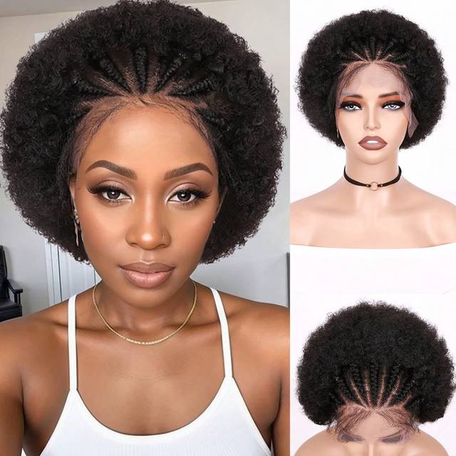 SHEIN Cornrow With Afro Puff Wig 13x4 Inch HD Lace Front Wig With Baby Hair Pre Plucked Glueless Transparent Frontal Wigs For Women Natural Hairstyle For Da