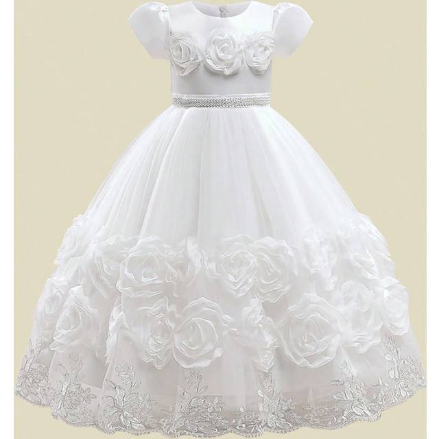 SHEIN Young Girls&#39; Short Sleeve Dress With Big Flower Applique, Princess Ball Gown, Elegant & , Suitable For Party Or Banquet Dress