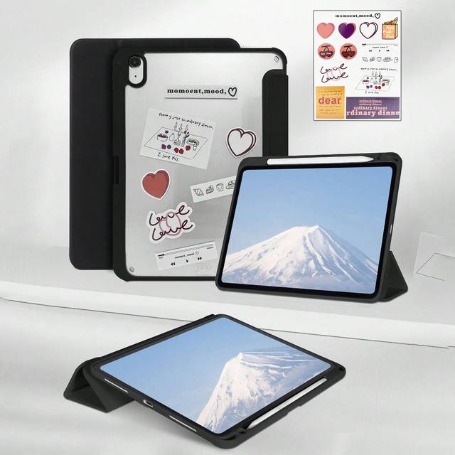 SHEIN 1pc Transparent Acrylic Tri-Fold Stand With Pen Slot, Colored Frame Soft Edge Full Coverage Acrylic Back Shell, Sleep/Wake Tablet Protective Case, Com