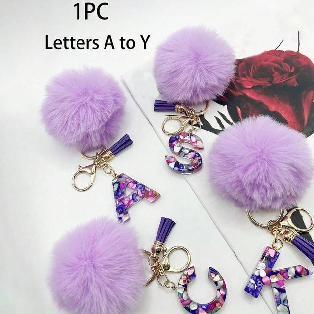 SHEIN 1 Pc Alphabet Initial Letter Keychain Cute Plush Pom Pom Key Chain Ring Bag Backpack Charm Car Hanging Pendant Women Girls Gift Wallet And Handbag Acc