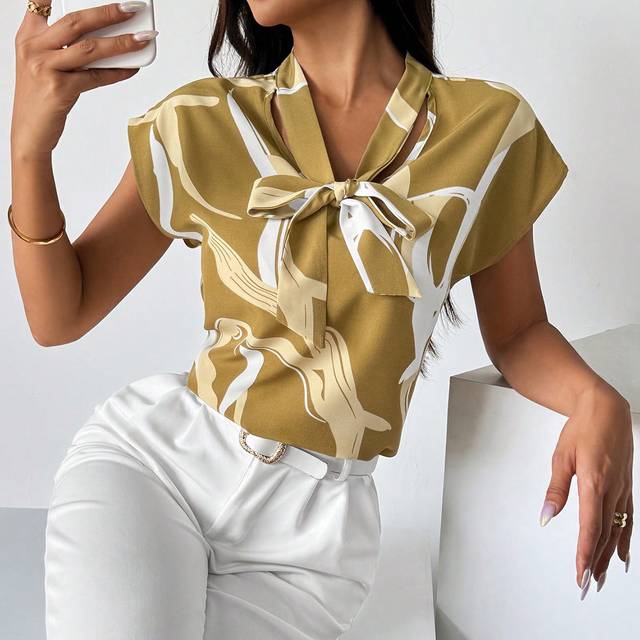SHEIN Women&#39;s Summer Color Block Chiffon Blouse With Flutter Sleeves And Bow Tie Neck
