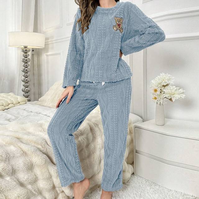 SHEIN Bear Embroidery Flannel PJ Set / Pajama Set