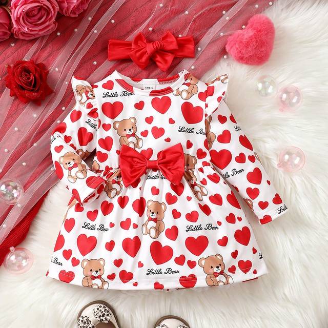SHEIN Infant Girl&#39;s Round Neck Heart & Bear Print Bowknot Long Sleeve Dress