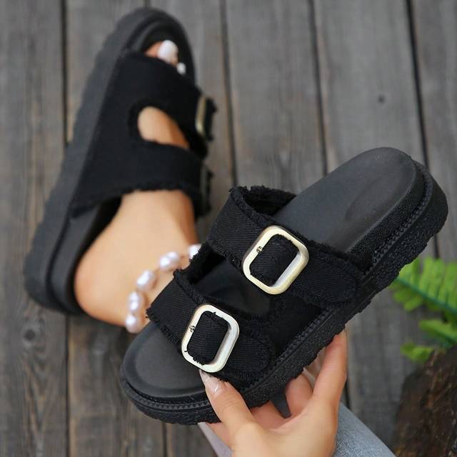 SHEIN Women Fashionable Black Tassel-Trimmed Belt Buckle Wedge Heel Sandals, Summer Outdoor Platform Slide Slippers