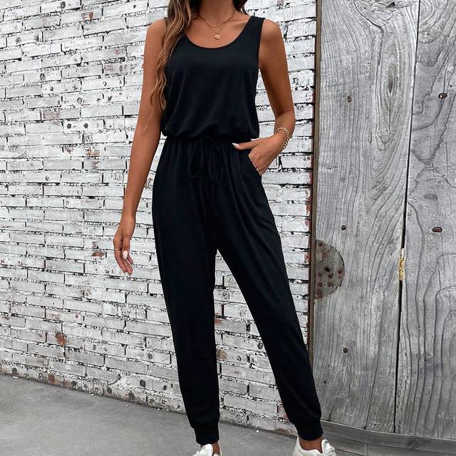 Greathe Solid Color Sleeveless Jumpsuit With Large Round Neckline And Pocket, Summer