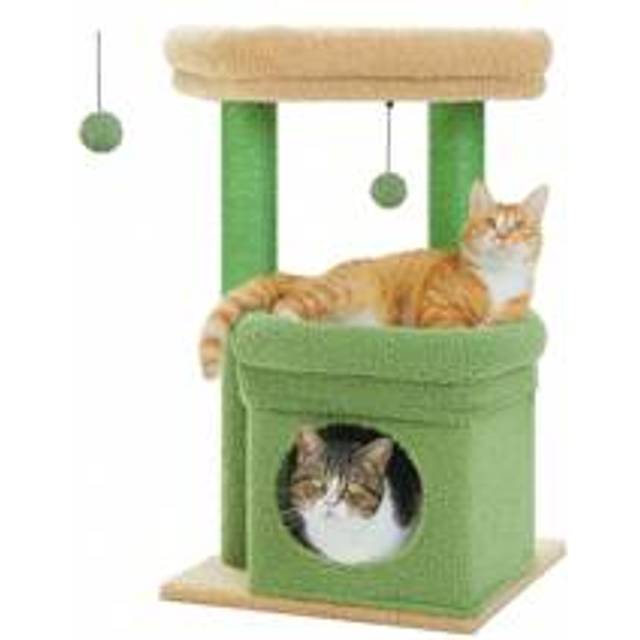 Kattträd blomma katttorn för innekatter med privat mysigt katthus, naturliga sisal-krapstolpar och fluffig pom-pom för små katter - Grön