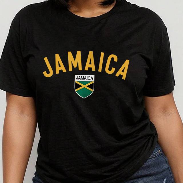 SHEIN Plus Size Women&#39;s Loose Fit Jamaica Flag And Letter Printed Short Sleeve T-Shirt, Summer Casual Round Neck Graphic Tees Women Tops