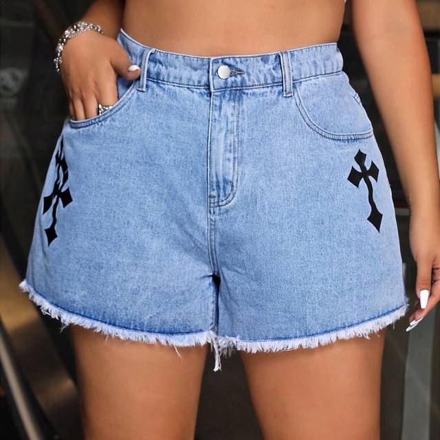 SHEIN Plus Size Women&#39;s Cross Pattern Frayed Hem Casual Denim Shorts For Summer