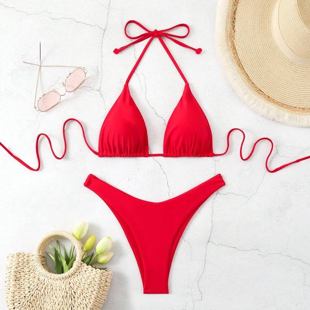 SHEIN 2pcs Women&#39;s Vacation Simple Solid Color Bikini Set Summer