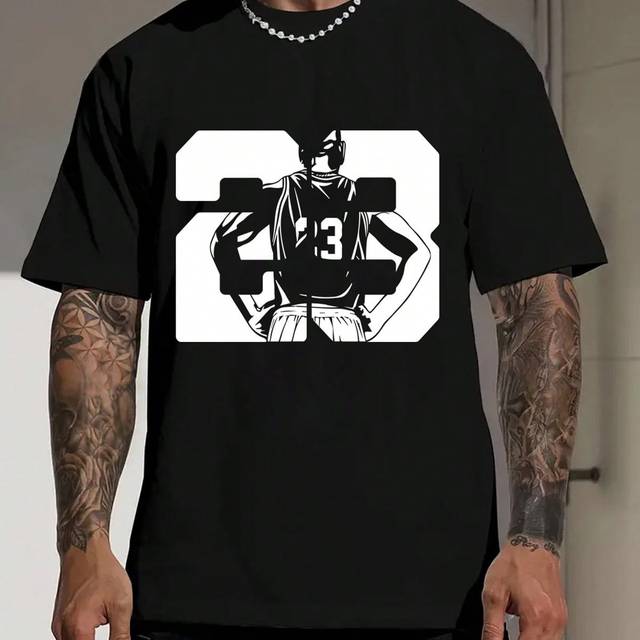 Manfinity Men Summer Round Neck Short Sleeve T-Shirt With Number 23 And Back Of Basketball Player Patterns Printed