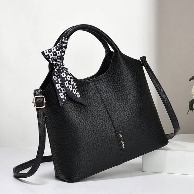 SHEIN 1pc New Stylish Black PU Leather Women&#39;s Handbag, Litchi Pattern Multi-Layer Tote Bag For Korean Lady&#39;s Birthday Gift, Elegant For Work Commute And Bu