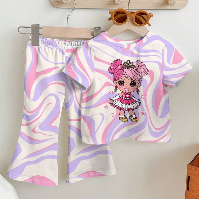 SHEIN Baby Girl Casual Cartoon Teenage Girl Pattern Short Sleeve Round Neck Top And Long Pants Set, Suitable For Spring And Summer