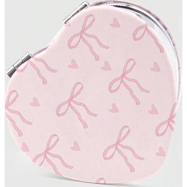 ROMWE 1pc Pink Bowknot PU Heart Shaped Makeup Compact Mirror, Random Pattern