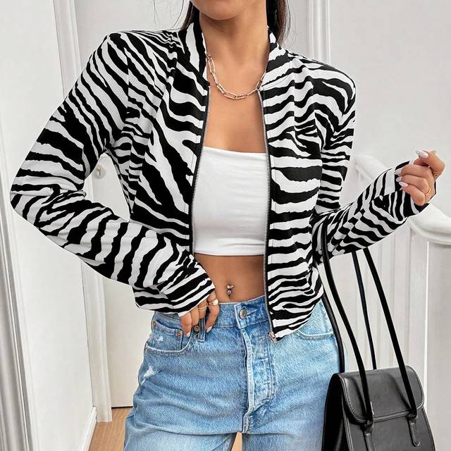 SHEIN Women&#39;s Spring/Summer Or Fall Clothes Zip Up Crop Bomber Jacket Long Sleeve Casual Zebra Print Jacket, Spring & Autumn   Back To School Clothes  Teach