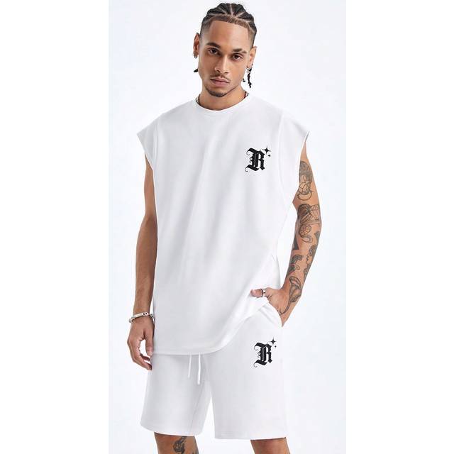 Manfinity Men&#39;s Loose Knitted Tank Top Set Featuring English & Star Printed Patterns