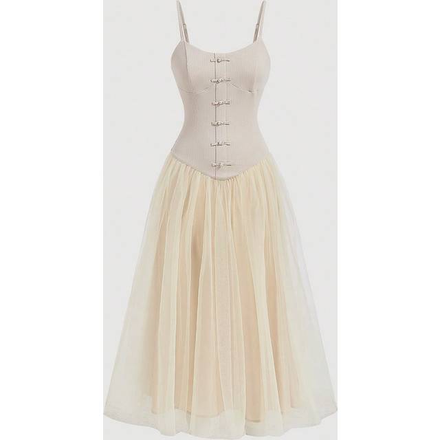 SHEIN Apricot Mesh Splicing New Chinese Style Buttoned Sling Long Dress Retro Palace,Wedding Dress,Beach Dress