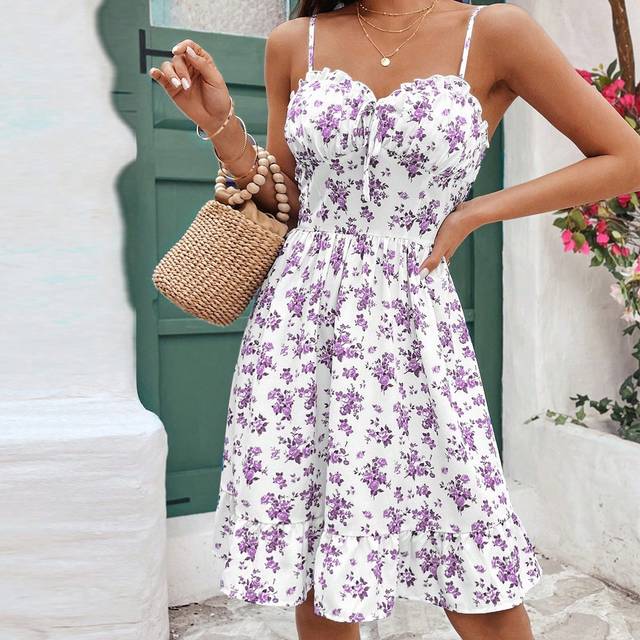SHEIN Women&#39;s Summer Romantic Wedding Floral Print Ruched Bust Cami Dress Vacation Cute Short Dress