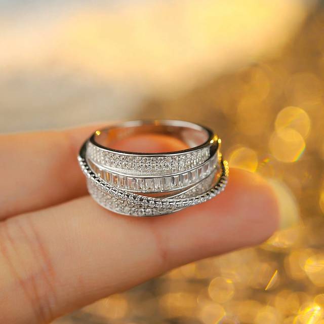 SHEIN S925 Sterling Silver Multilayer Wrapped Vintage Zirconia Rings For Women, Versatile, Luxury Feel Exquisite Rings For Finger, Random Box Style For Wedd