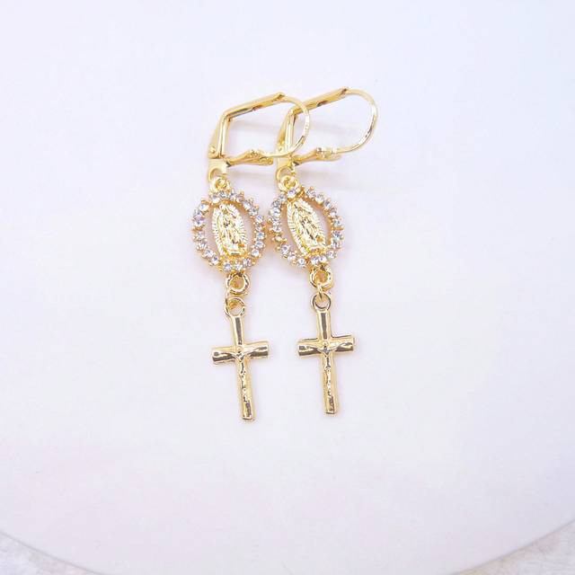 SHEIN 1pair Fashionable Elegant Virgin Mary & Rhinestone Decor Cross Dangle Earrings Suitable For Women&#39;s Daily Wear