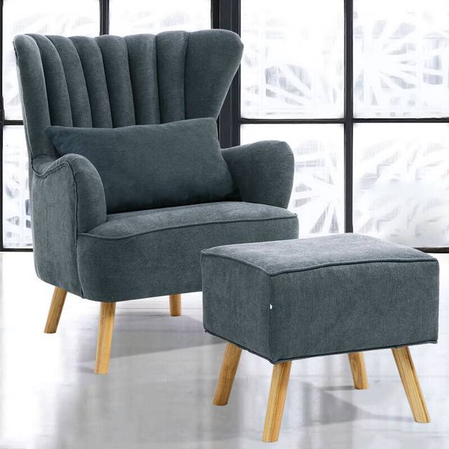 Mid-century Style Grey Faux Wool Upholstered Armchair with Footstool and Soft Waist Cushion, High Wingback Armchair with Footrest