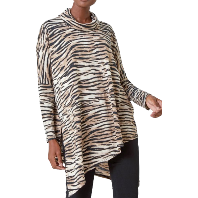 Roman Womens Animal Print Asymmetric Stretch Top - Natural - Size 10 UK