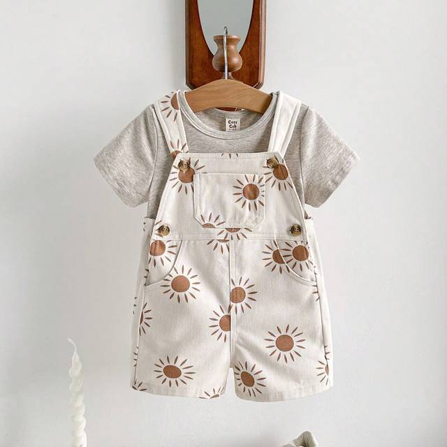 Cozy Pixies Baby Boy Solid Knitted Soft Round Neck Short Sleeve Top With Sun Patterned Shortalls, 2pcs/Set