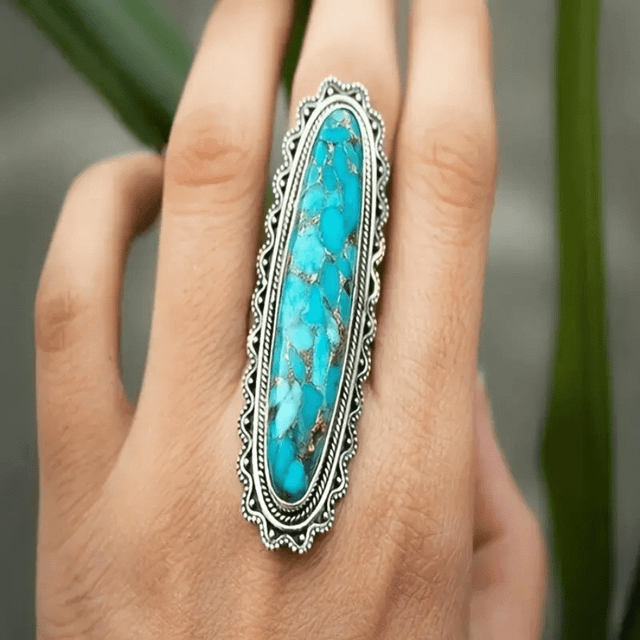 SHEIN Timeless Vintage Turquoise Ring - Handcrafted Inlaid Oval Gemstone - Unisex Power Symbol For Daily Style & Party Glamour