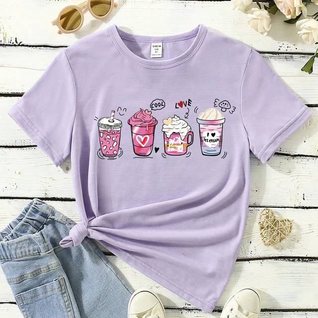 SHEIN Tween Girl Fashionable Purple Short Sleeve T-Shirt With Beverage & Coffee Cup Printed Design, Casual