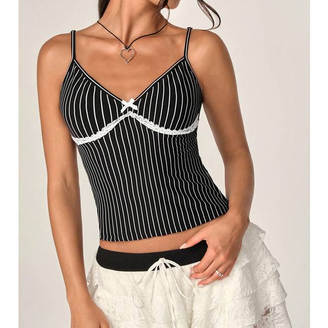 Flirla Women&#39;s Summer Striped Lace Trim Camisole Tank Top With Bow Decoration (Random Cut)