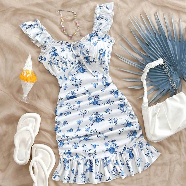 Soleia Women&#39;s Summer Holiday Blue & White Floral Bodycon Dress With Ruffle Hem,Pastel Dresses For Women