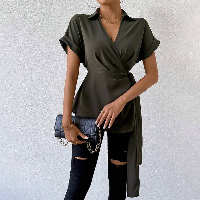 Rafferiza Batwing Short Sleeve Tie Front Wrap Side Blouse