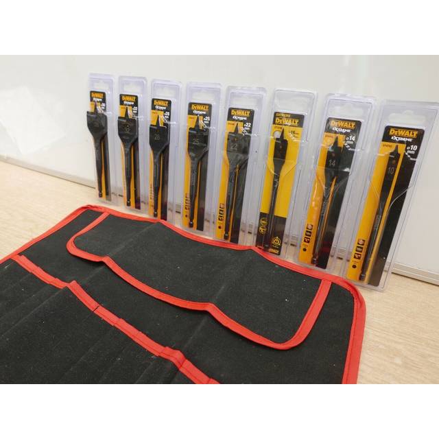 Dewalt extreme 8pce 152mm flat wood drill bit set 10mm to 38mm + bit roll