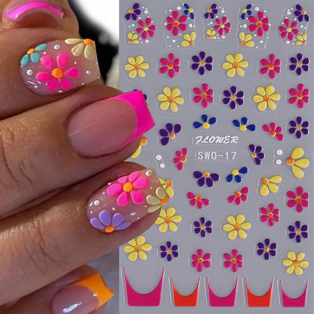 SHEIN 2pcs Colorful Flower 5D Embossed Nail Stickers French Floral Nail Art Design Summer Decals DIY Adhesive Slider Summer Manicure Decor