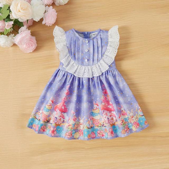 SHEIN Baby Girl&#39;s Cute Sleeveless Dress With Cartoon Starry Pattern And Lace Splicing