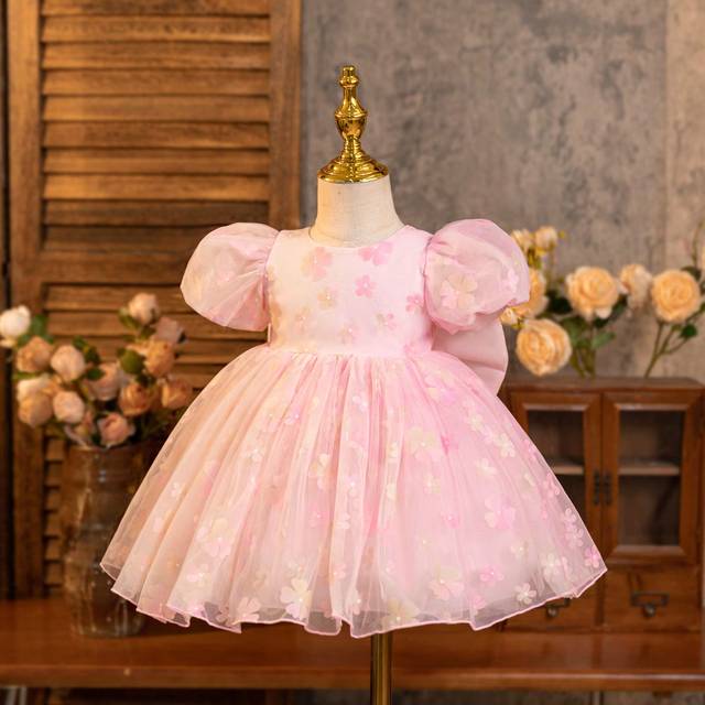 SHEIN Baby Girl Flower Girl Birthday Party Wedding Holiday Dress, Pink Puff Sleeve Princess Dress With Mesh Tulle And 3D Flowers, Style, Summer Lightweight