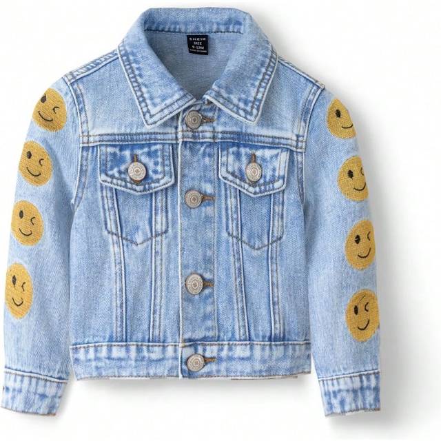 SHEIN Baby Girls&#39; New Casual Fashionable Smiling Face Embroidered Washed Denim Jacket