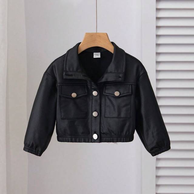 SHEIN Fashionable Outdoor Baby Girls Solid Color Faux PU Leather Large Pocket Long Sleeve Lapel Jacket, Versatile For Autumn & Winter