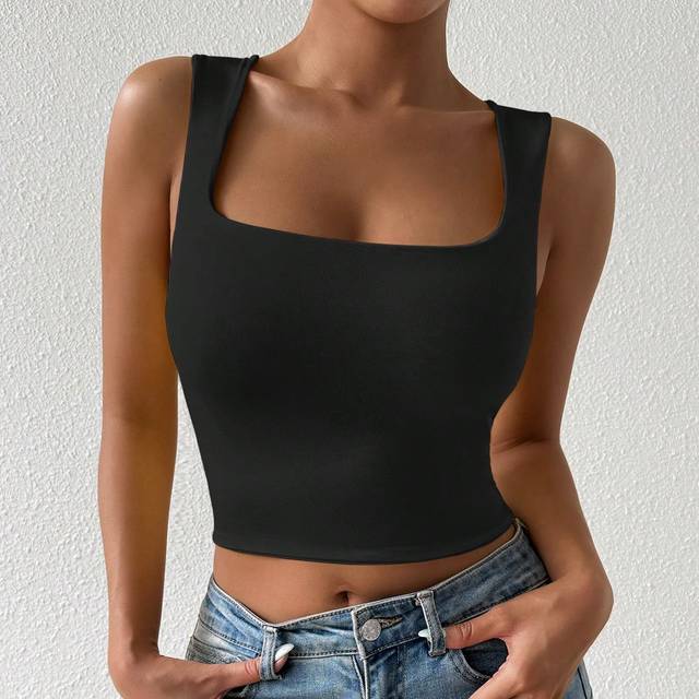 Chiquease Women&#39;s Simple Solid Color Crop Tank Top With Deep U-Neck For Daily Wear
