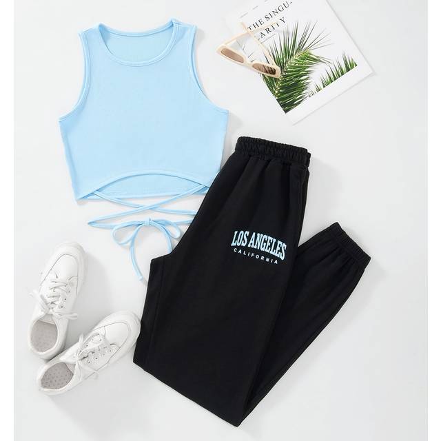 Flirla Crisscross Tie Back Tank Top & Letter Graphic Joggers