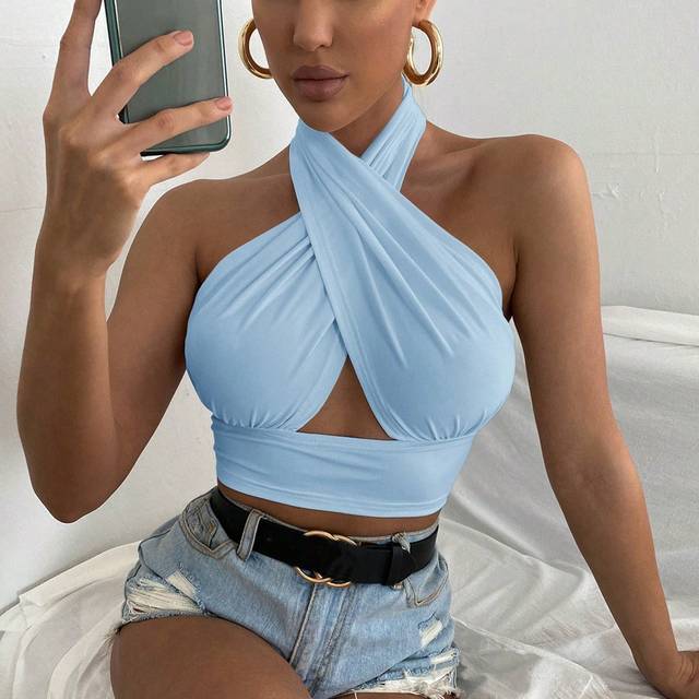 SHEIN Solid Color Hollow Out Halter Neck Tank Top