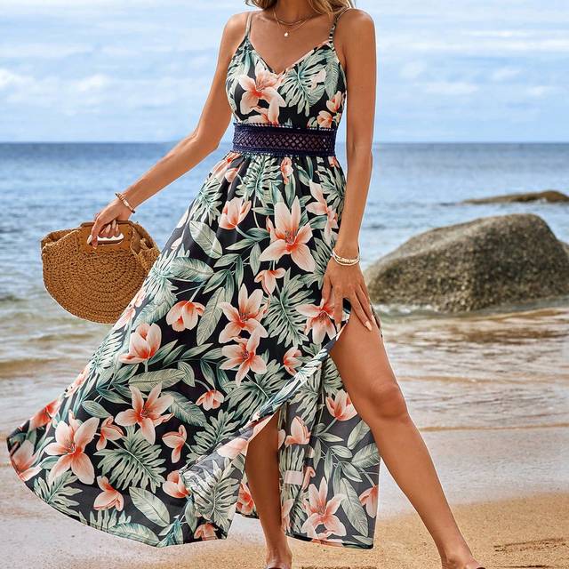 SHEIN Women&#39;s Floral Print Patchwork Lace Ribbon Split Hem Spaghetti Strap Dress