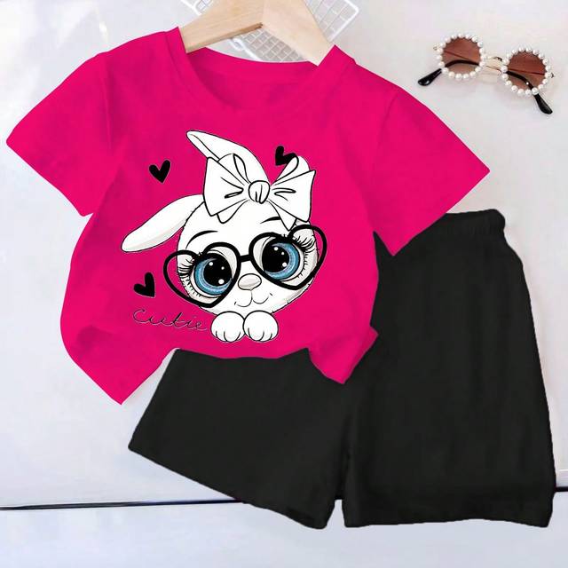 SHEIN Baby Girl Cute Bunny Printed T-Shirt And Shorts Set, Casual, Comfortable, Suitable For Spring And Summer