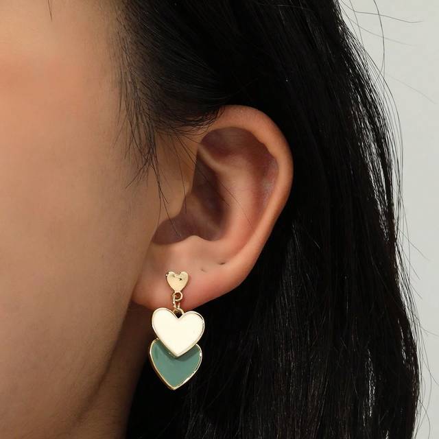 SHEIN 1 Pair Of European And American Fashionable Simple Alloy Heart Drip Oil Double-Layered Stud Earrings For Women, Summer Earrings, Festival Gift, Everyd