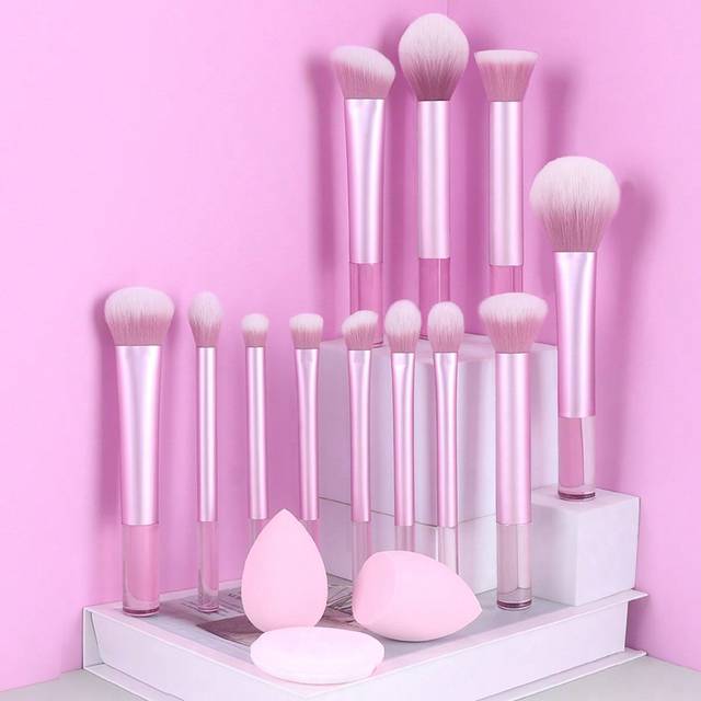 SHEIN 12pcs Pink Transparent Handle Multifunction Makeup Brush Set - Powder, Blush, Foundation, Eye Shadow, Concealer Brushes + Round & Wedge Makeup Sponges