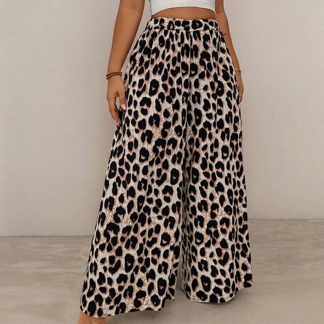SHEIN Plus Size Loose Leopard Print Vacation & Casual Wide Leg Pants